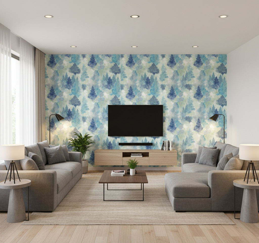 Soft Landscape Contemporary Abstract - Metallic Sky Blue, Cerulean, & Aloe Green | Architectural Wallcoverings - Living Room Visualization (AI-generated, may not be to scale. Verify pattern scale with product specifications.)