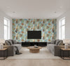 Soft Landscape Contemporary Abstract - Metallic Copper, Sky Blue, & Olive Green | Architectural Wallcoverings - Living Room Visualization (AI-generated, may not be to scale. Verify pattern scale with product specifications.)