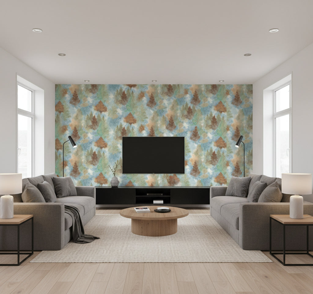 Soft Landscape Contemporary Abstract - Metallic Copper, Sky Blue, & Olive Green | Architectural Wallcoverings - Living Room Visualization (AI-generated, may not be to scale. Verify pattern scale with product specifications.)
