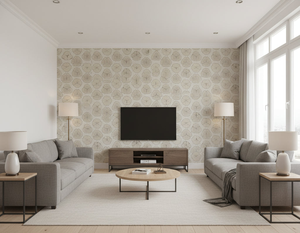 Shibori Blossoms Contemporary Floral - Metallic Champagne & Gray | Architectural Wallcoverings - Living Room Visualization (AI-generated, may not be to scale. Verify pattern scale with product specifications.)