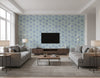 Shibori Blossoms Contemporary Floral - Metallic Periwinkle & Teal | Architectural Wallcoverings - Living Room Visualization (AI-generated, may not be to scale. Verify pattern scale with product specifications.)