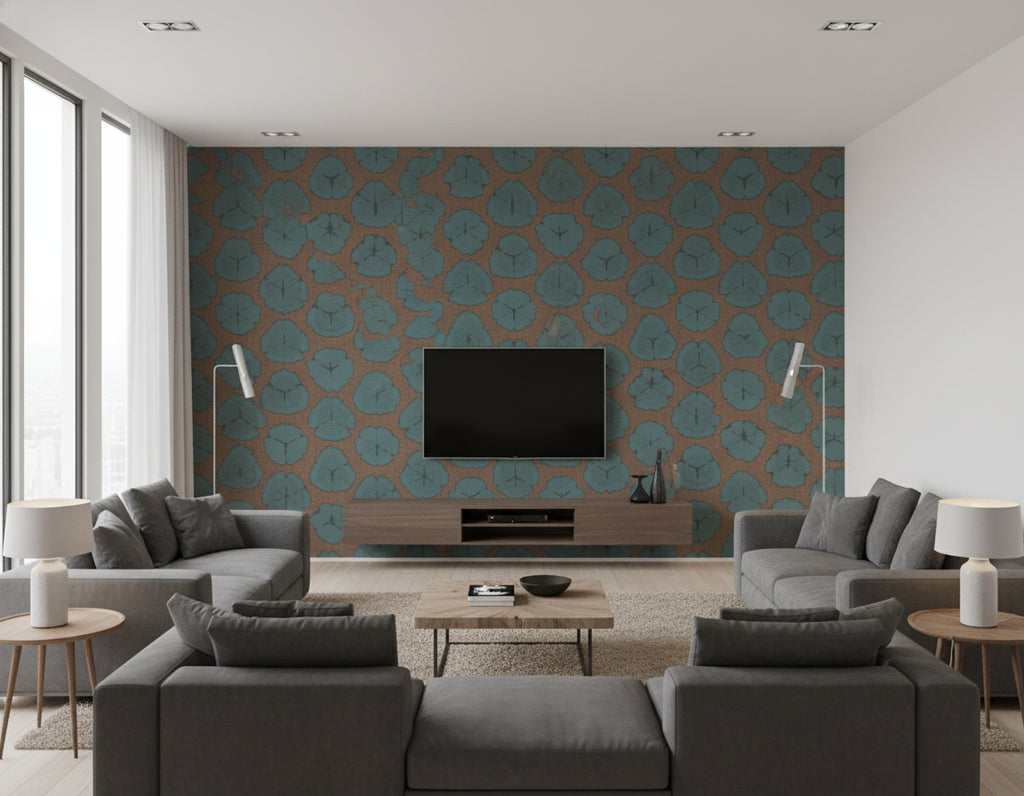 Shibori Blossoms Contemporary Floral - Metallic Blue & Cedar Brown | Architectural Wallcoverings - Living Room Visualization (AI-generated, may not be to scale. Verify pattern scale with product specifications.)