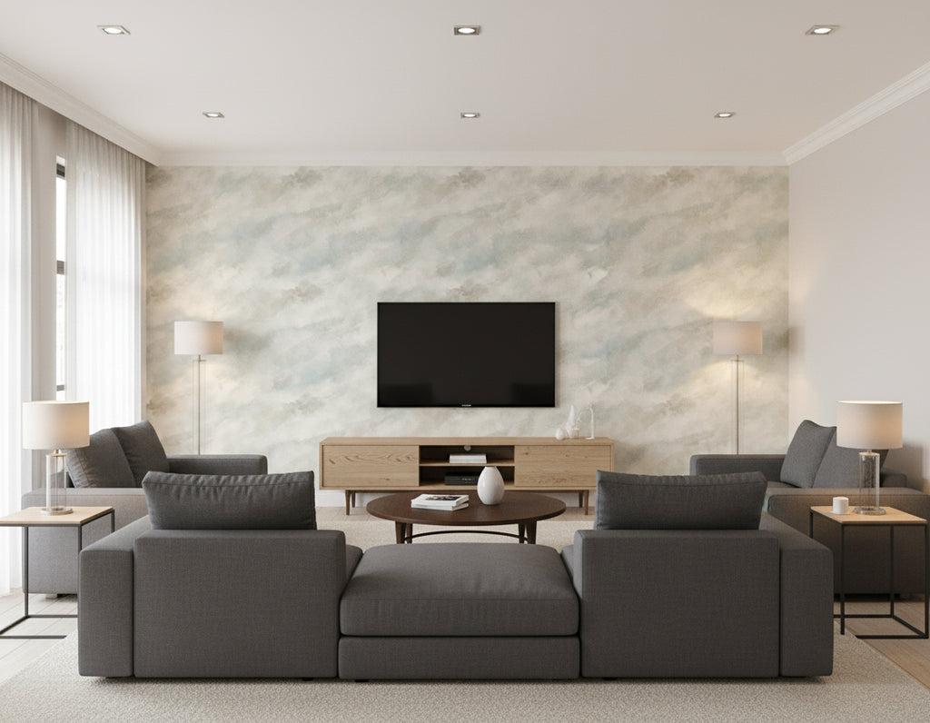 Cloudy Diagonal Faux Contemporary Abstract - Greige, Taupe, & Ivory | Architectural Wallcoverings - Living Room Visualization (AI-generated, may not be to scale. Verify pattern scale with product specifications.)