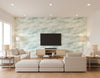 Cloudy Diagonal Faux Contemporary Abstract - Metallic Pearl, Mint Green, & Powder Blue | Architectural Wallcoverings - Living Room Visualization (AI-generated, may not be to scale. Verify pattern scale with product specifications.)