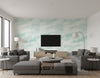 Cloudy Diagonal Faux Contemporary Abstract - Sky Blue, Off-White, & Light Green | Architectural Wallcoverings - Living Room Visualization (AI-generated, may not be to scale. Verify pattern scale with product specifications.)