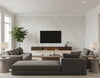 African Geo Contemporary Floral - Metallic Silver & Off-White | Architectural Wallcoverings - Living Room Visualization (AI-generated, may not be to scale. Verify pattern scale with product specifications.)