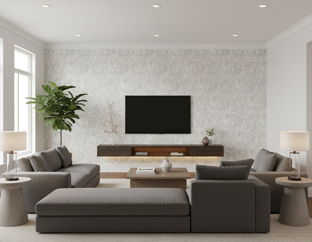 African Geo Contemporary Floral - Metallic Silver & Off-White | Architectural Wallcoverings - Living Room Visualization (AI-generated, may not be to scale. Verify pattern scale with product specifications.)