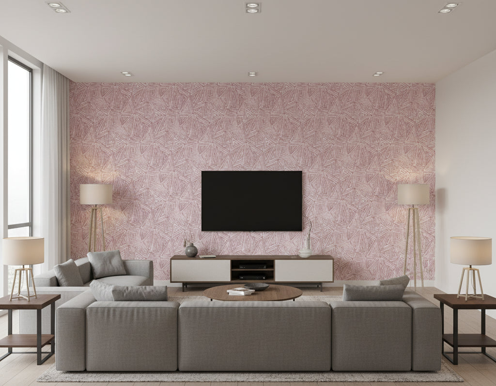 African Geo Contemporary Floral - Metallic Mauve & Pearl | Architectural Wallcoverings - Living Room Visualization (AI-generated, may not be to scale. Verify pattern scale with product specifications.)