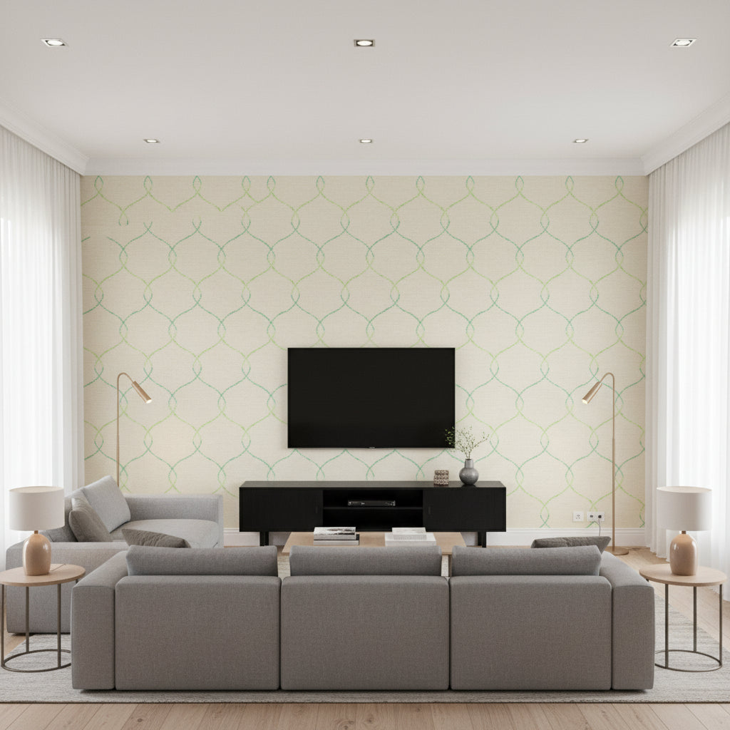 Shibori Lattice Contemporary Floral - Lime Green, Teal, and Metallic Pearl | Architectural Wallcoverings - Living Room Visualization (AI-generated, may not be to scale. Verify pattern scale with product specifications.)