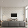 Shibori Lattice Contemporary Floral - Antique Gold, Gray, & Metallic Pearl | Architectural Wallcoverings - Living Room Visualization (AI-generated, may not be to scale. Verify pattern scale with product specifications.)