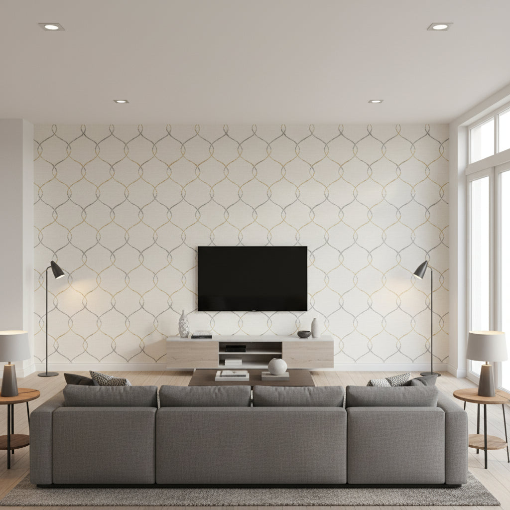 Shibori Lattice Contemporary Floral - Antique Gold, Gray, & Metallic Pearl | Architectural Wallcoverings - Living Room Visualization (AI-generated, may not be to scale. Verify pattern scale with product specifications.)