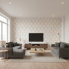 Shibori Lattice Contemporary Floral - Royal Blue, Ruby, & Metallic Pearl | Architectural Wallcoverings - Living Room Visualization (AI-generated, may not be to scale. Verify pattern scale with product specifications.)