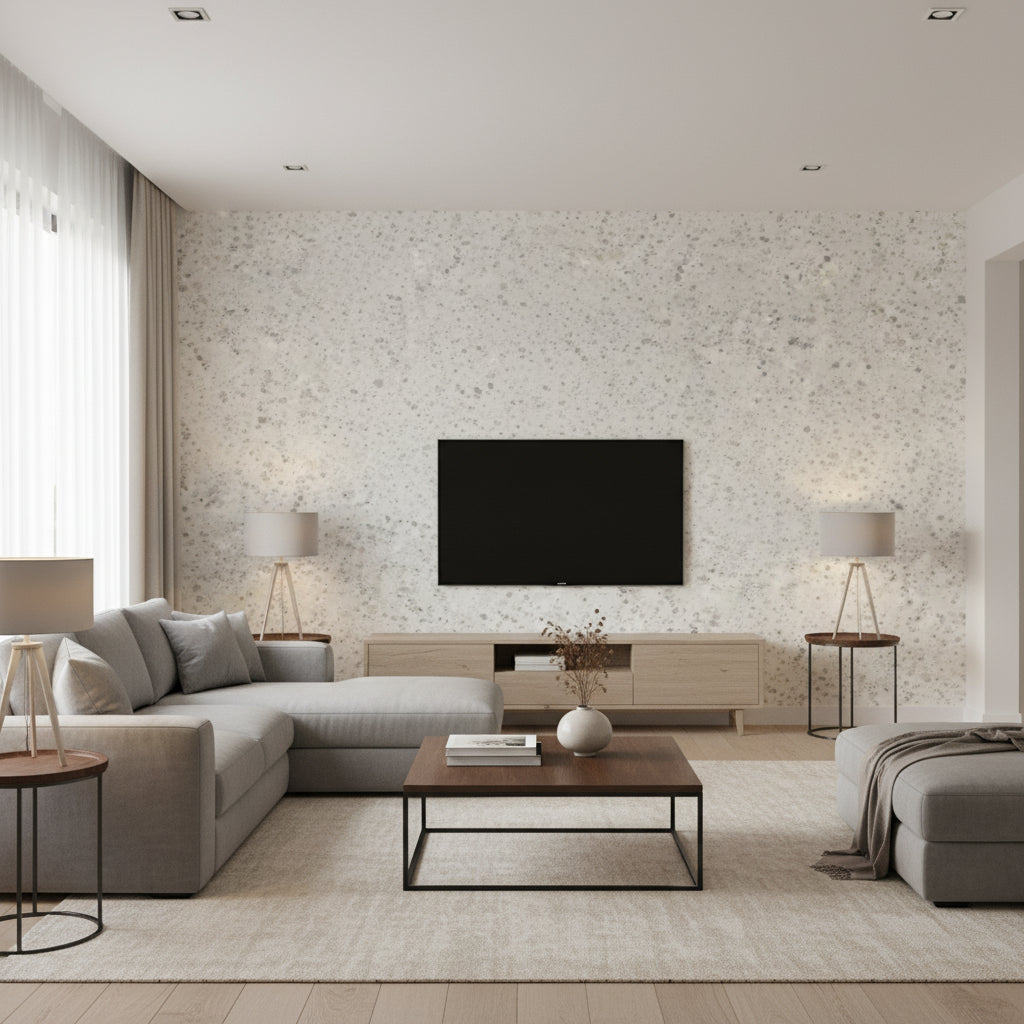 Splatter Contemporary Abstract - Metallic Pearl, Gray, & Charcoal | Architectural Wallcoverings - Living Room Visualization (AI-generated, may not be to scale. Verify pattern scale with product specifications.)