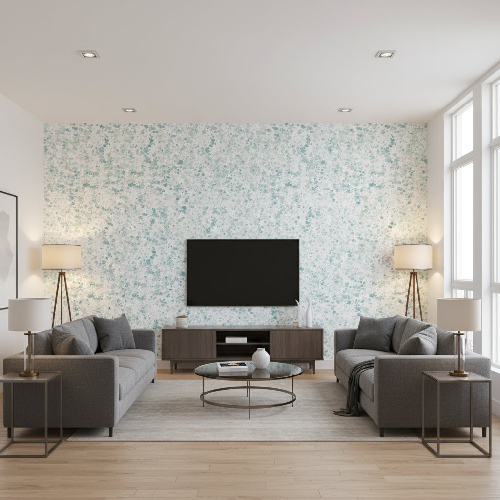Splatter Contemporary Abstract - Metallic Ice Blue, Turquoise, & Mint Green | Architectural Wallcoverings - Living Room Visualization (AI-generated, may not be to scale. Verify pattern scale with product specifications.)