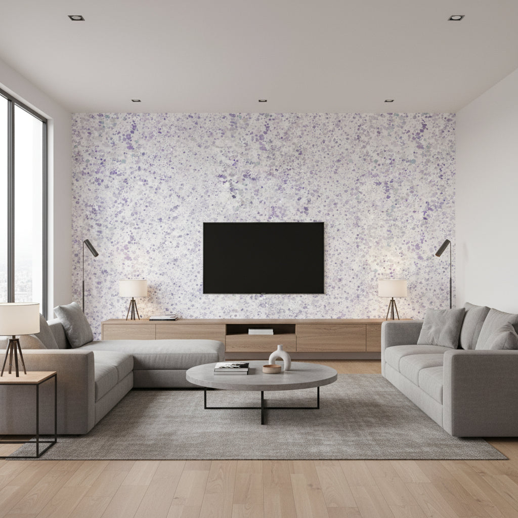 Splatter Contemporary Abstract - Metallic Silver, Lavender, & Robin's Egg | Architectural Wallcoverings - Living Room Visualization (AI-generated, may not be to scale. Verify pattern scale with product specifications.)