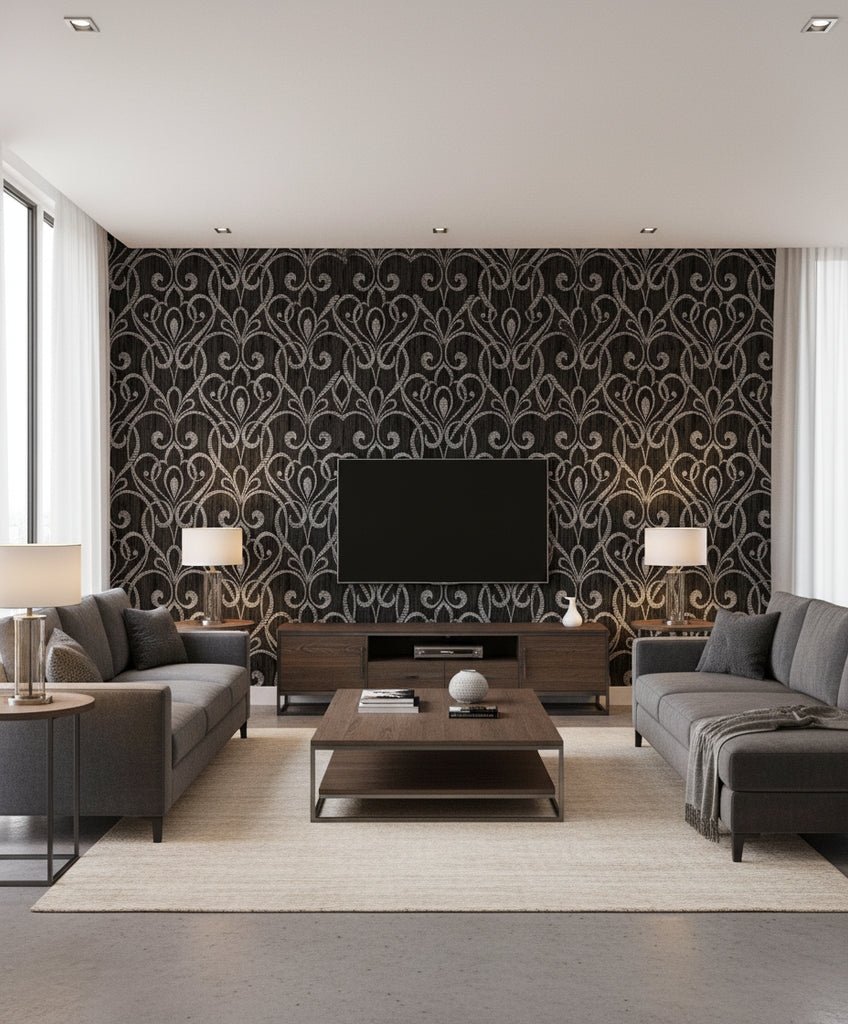 Paisley Damask Contemporary Damask - Black | Architectural Wallcoverings - Living Room Visualization (AI-generated, may not be to scale. Verify pattern scale with product specifications.)
