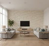 Fentucci Nara Stringcloth Rustic Botanical - Linen | Architectural Wallcoverings - Living Room Visualization (AI-generated, may not be to scale. Verify pattern scale with product specifications.)