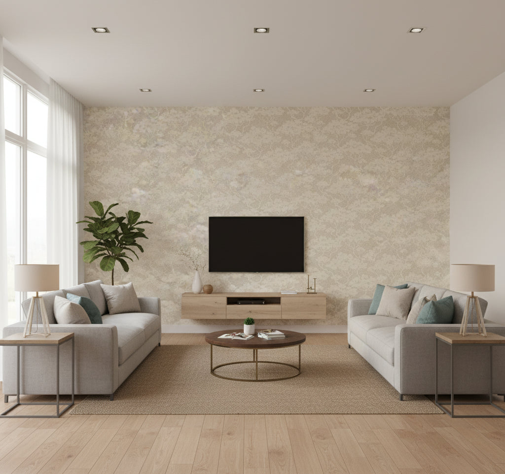 Fentucci Nara Stringcloth Rustic Botanical - Linen | Architectural Wallcoverings - Living Room Visualization (AI-generated, may not be to scale. Verify pattern scale with product specifications.)