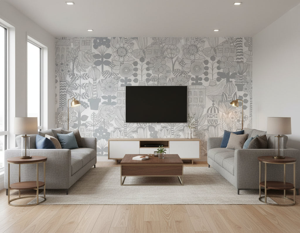 Lintukoto Contemporary Illustration - Gray and Off-White | Architectural Wallcoverings - Living Room Visualization (AI-generated, may not be to scale. Verify pattern scale with product specifications.)