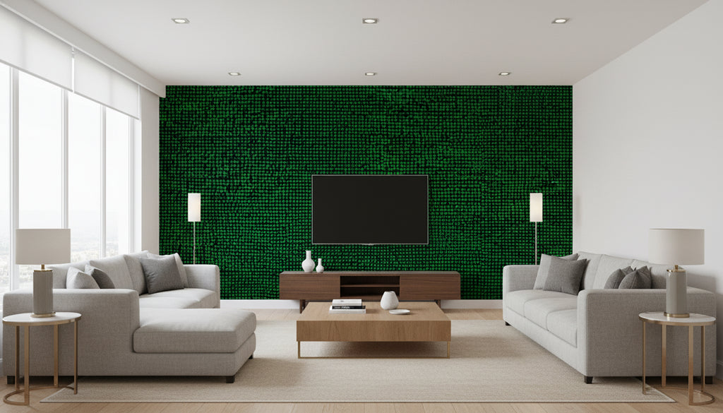 Orkanen Contemporary Illustration - Green and Midnight Blue | Architectural Wallcoverings - Living Room Visualization (AI-generated, may not be to scale. Verify pattern scale with product specifications.)