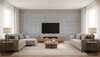 Orkanen Contemporary Illustration - Midnight Blue and Blush | Architectural Wallcoverings - Living Room Visualization (AI-generated, may not be to scale. Verify pattern scale with product specifications.)