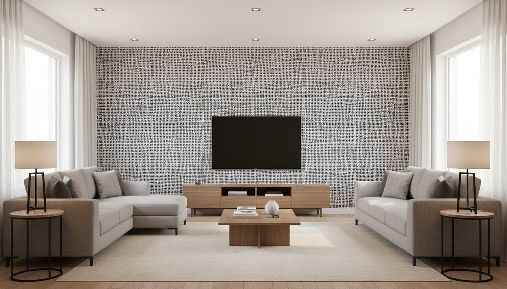 Orkanen Contemporary Illustration - Midnight Blue and Blush | Architectural Wallcoverings - Living Room Visualization (AI-generated, may not be to scale. Verify pattern scale with product specifications.)
