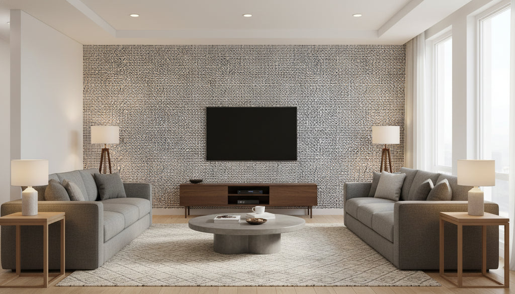Orkanen Contemporary Illustration - Indigo and Greige | Architectural Wallcoverings - Living Room Visualization (AI-generated, may not be to scale. Verify pattern scale with product specifications.)