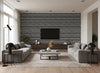 Räsymatto Contemporary Illustration - Ebony and Off-White | Architectural Wallcoverings - Living Room Visualization (AI-generated, may not be to scale. Verify pattern scale with product specifications.)