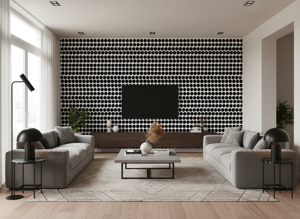 Räsymatto Contemporary Illustration - Ebony and Off-White | Architectural Wallcoverings - Living Room Visualization (AI-generated, may not be to scale. Verify pattern scale with product specifications.)