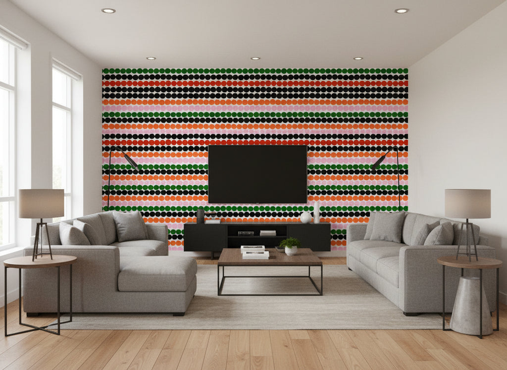 Räsymatto Contemporary Illustration - Scarlet, Bubblegum, and Ebony | Architectural Wallcoverings - Living Room Visualization (AI-generated, may not be to scale. Verify pattern scale with product specifications.)