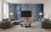Yön Varjo Contemporary Illustration - Midnight Blue and Off-White | Architectural Wallcoverings - Living Room Visualization (AI-generated, may not be to scale. Verify pattern scale with product specifications.)