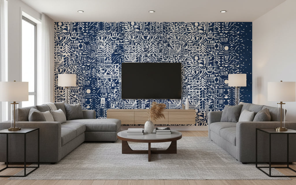 Yön Varjo Contemporary Illustration - Midnight Blue and Off-White | Architectural Wallcoverings - Living Room Visualization (AI-generated, may not be to scale. Verify pattern scale with product specifications.)
