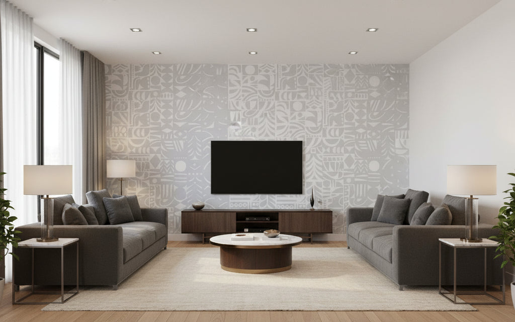 Yön Varjo Contemporary Illustration - Gray and Off-White | Architectural Wallcoverings - Living Room Visualization (AI-generated, may not be to scale. Verify pattern scale with product specifications.)