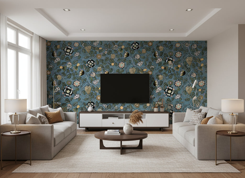 Pieni Tiara Contemporary Illustration - Sea Green and Dandelion | Architectural Wallcoverings - Living Room Visualization (AI-generated, may not be to scale. Verify pattern scale with product specifications.)