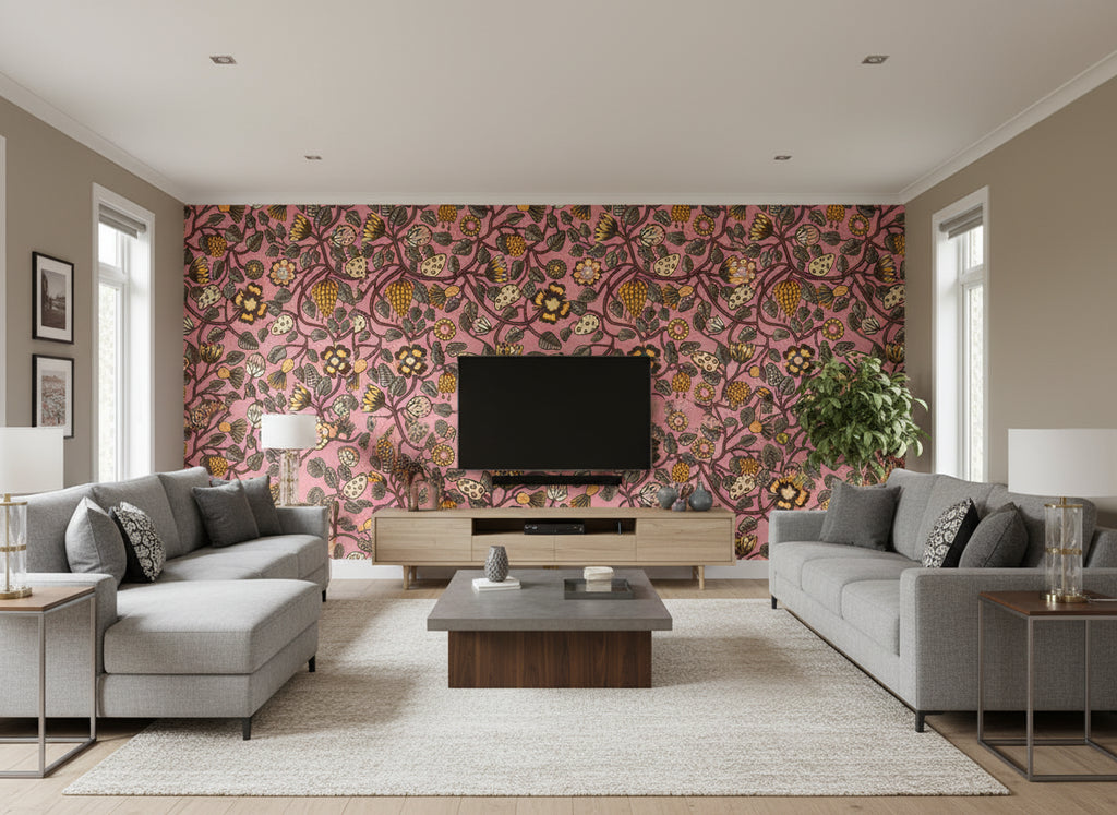 Pieni Tiara Contemporary Illustration - Salmon and Plum | Architectural Wallcoverings - Living Room Visualization (AI-generated, may not be to scale. Verify pattern scale with product specifications.)