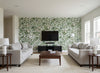 Pieni Tiara Contemporary Illustration - Emerald, Jade, and Light Blue | Architectural Wallcoverings - Living Room Visualization (AI-generated, may not be to scale. Verify pattern scale with product specifications.)