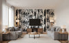 Pikkuveljekset Contemporary Illustration - Ebony and Steel Gray | Architectural Wallcoverings - Living Room Visualization (AI-generated, may not be to scale. Verify pattern scale with product specifications.)