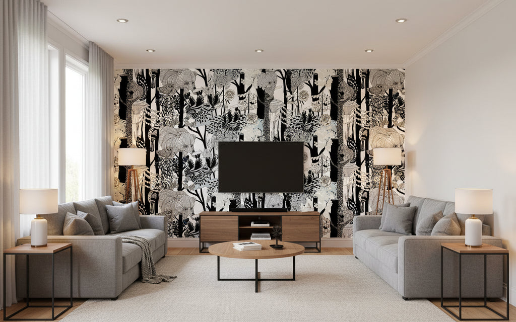 Pikkuveljekset Contemporary Illustration - Ebony and Steel Gray | Architectural Wallcoverings - Living Room Visualization (AI-generated, may not be to scale. Verify pattern scale with product specifications.)