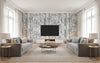Pikkuveljekset Contemporary Illustration - Mint and Charcoal | Architectural Wallcoverings - Living Room Visualization (AI-generated, may not be to scale. Verify pattern scale with product specifications.)