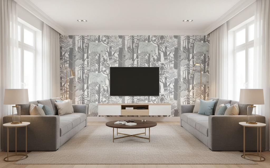 Pikkuveljekset Contemporary Illustration - Mint and Charcoal | Architectural Wallcoverings - Living Room Visualization (AI-generated, may not be to scale. Verify pattern scale with product specifications.)