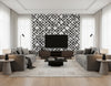 Spalje Contemporary Illustration - Ebony and Eggshell | Architectural Wallcoverings - Living Room Visualization (AI-generated, may not be to scale. Verify pattern scale with product specifications.)