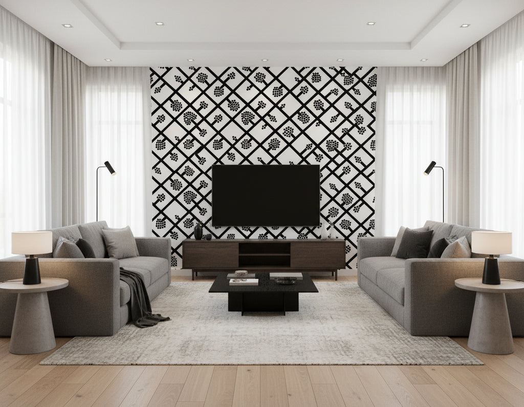 Spalje Contemporary Illustration - Ebony and Eggshell | Architectural Wallcoverings - Living Room Visualization (AI-generated, may not be to scale. Verify pattern scale with product specifications.)