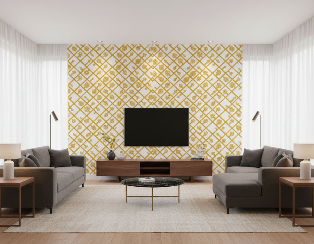 Spalje Contemporary Illustration - Mustard and Eggshell | Architectural Wallcoverings - Living Room Visualization (AI-generated, may not be to scale. Verify pattern scale with product specifications.)