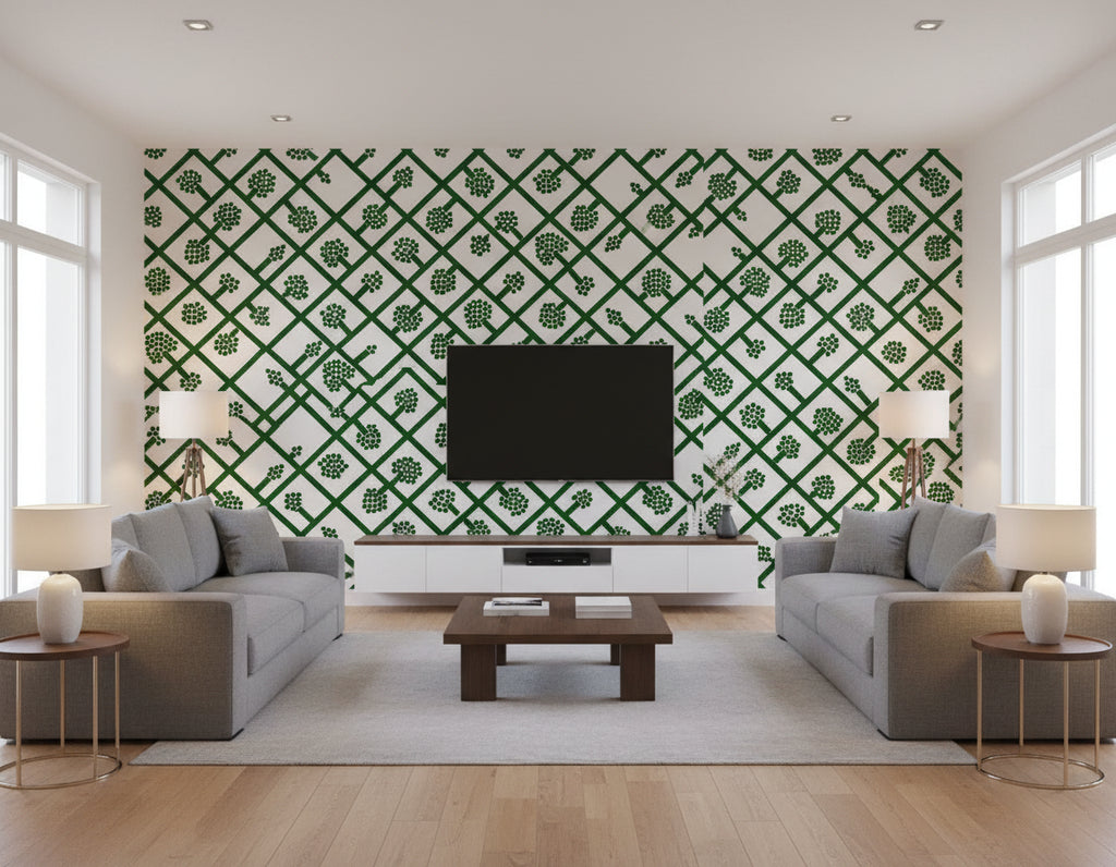 Spalje Contemporary Illustration - Emerald and Eggshell | Architectural Wallcoverings - Living Room Visualization (AI-generated, may not be to scale. Verify pattern scale with product specifications.)