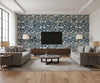 Unikko Contemporary Illustration - Steel Blue and Gray | Architectural Wallcoverings - Living Room Visualization (AI-generated, may not be to scale. Verify pattern scale with product specifications.)