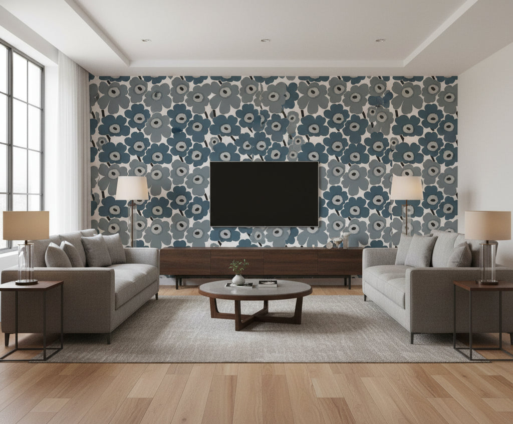 Unikko Contemporary Illustration - Steel Blue and Gray | Architectural Wallcoverings - Living Room Visualization (AI-generated, may not be to scale. Verify pattern scale with product specifications.)
