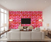 Unikko Contemporary Illustration - Scarlet and Coral | Architectural Wallcoverings - Living Room Visualization (AI-generated, may not be to scale. Verify pattern scale with product specifications.)