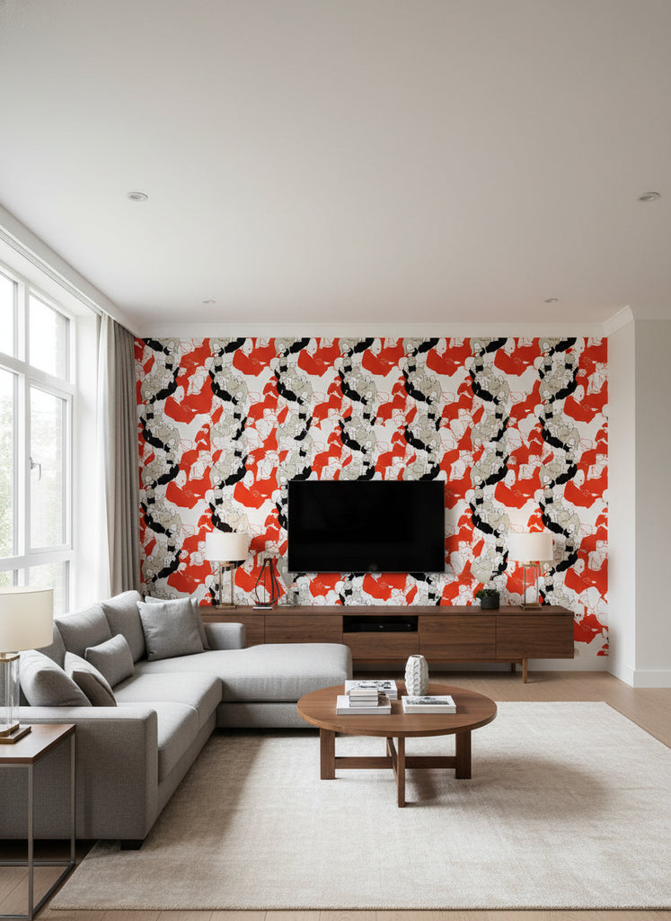 Ystävät Contemporary Illustration - Vermillion and Off-White | Architectural Wallcoverings - Living Room Visualization (AI-generated, may not be to scale. Verify pattern scale with product specifications.)