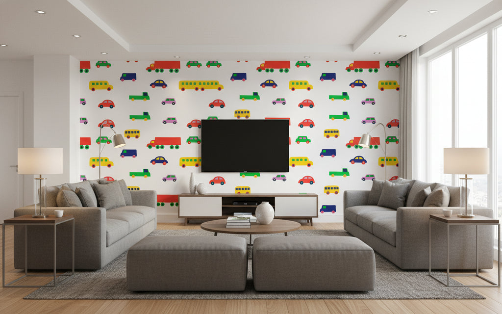 Boboo Contemporary Illustration - Dandelion and Green | Architectural Wallcoverings - Living Room Visualization (AI-generated, may not be to scale. Verify pattern scale with product specifications.)