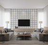 Pienet Kivet Contemporary Illustration - Gray and Eggshell | Architectural Wallcoverings - Living Room Visualization (AI-generated, may not be to scale. Verify pattern scale with product specifications.)